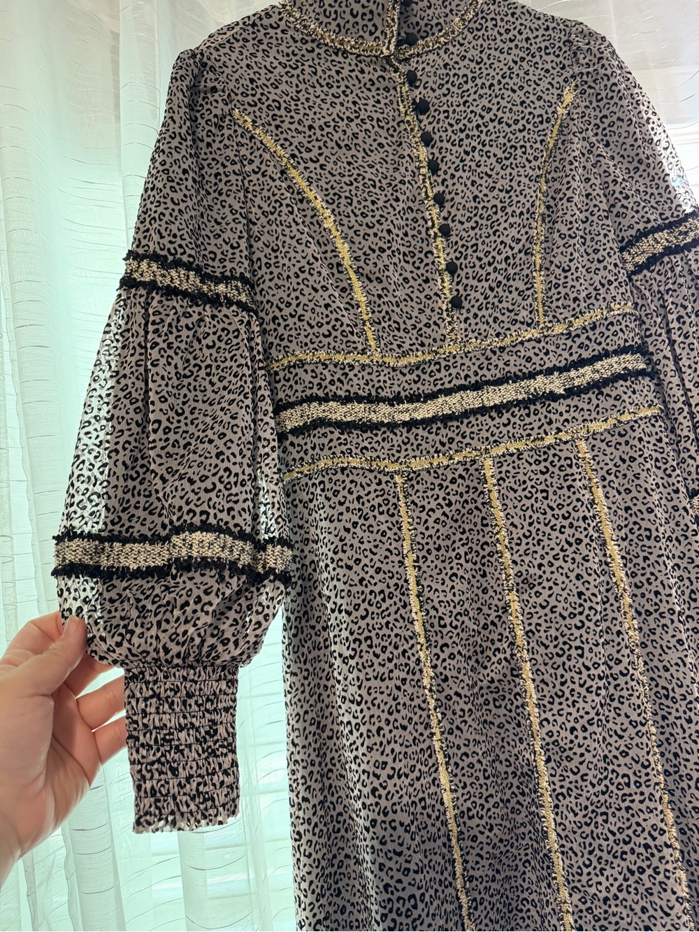 Black and Cream Leopard-Print Long-Sleeve Midi Dress with Gold Trim
